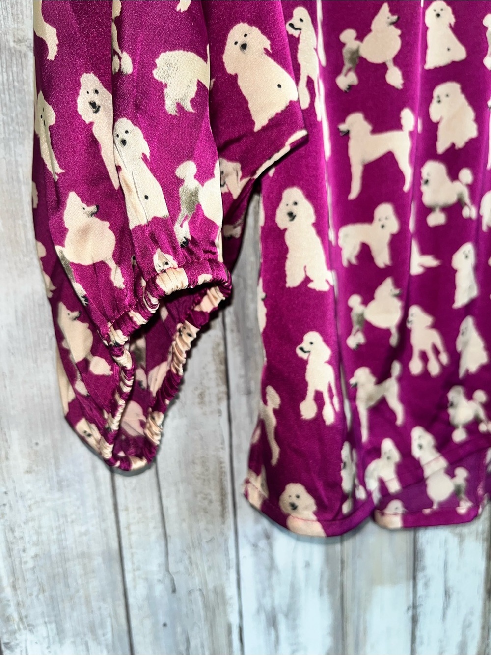 Entro Dog Print Blouse M Pink Poodle Print Flowy Boho Tie Neck Long Sleeve Top - Picture 4 of 6